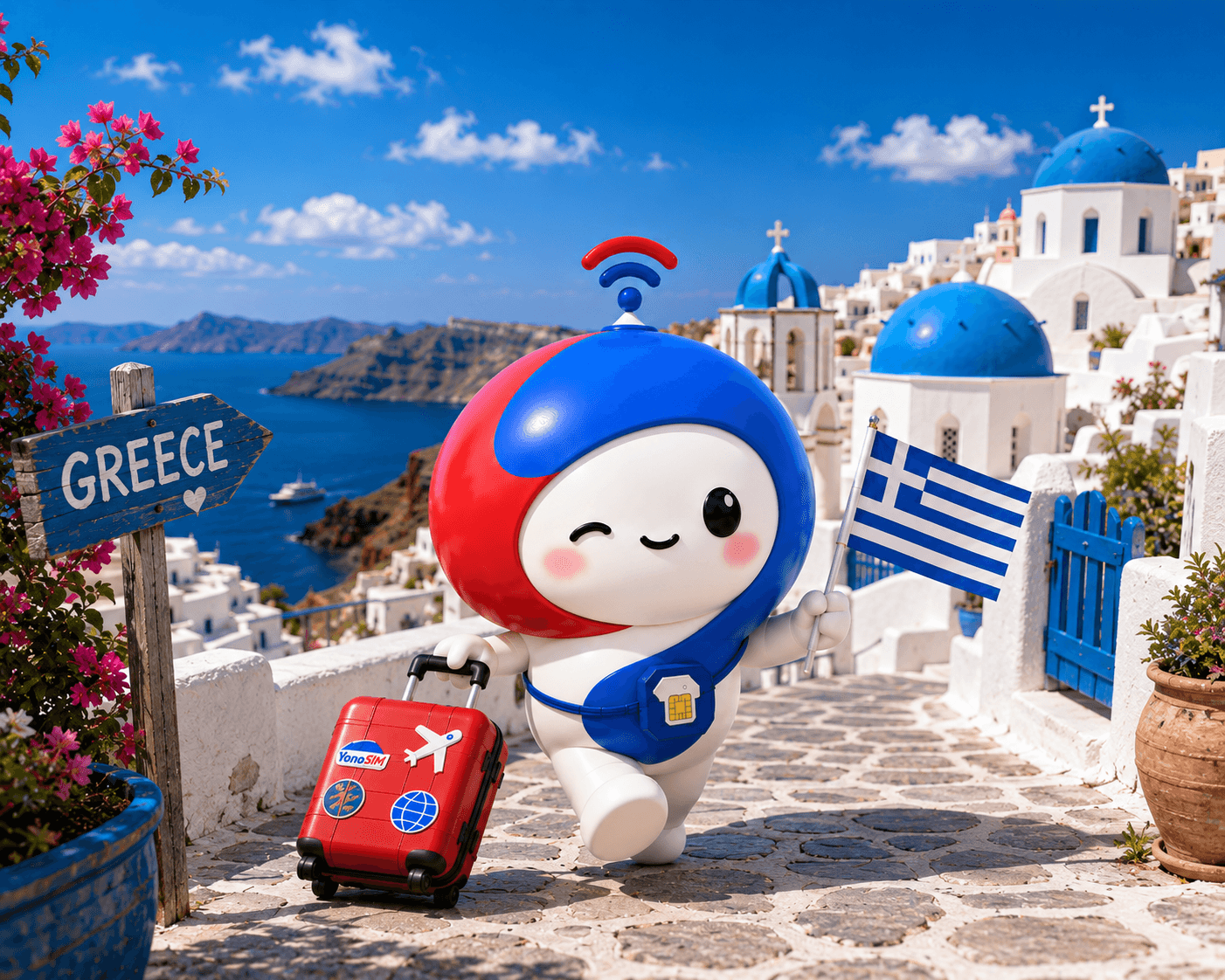 Casas blancas de Santorini con icono 5G — guía de eSIM para viajar a Grecia desde España 2026