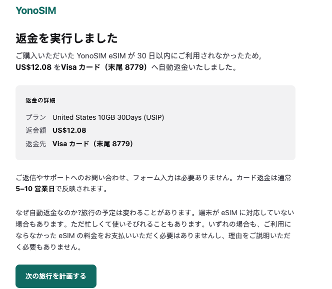 The actual YonoSIM 30-day auto-refund confirmation email in Japanese, showing US$12.08 refunded to Visa card ending 8779 for a United States 10GB 30Days (USIP) plan