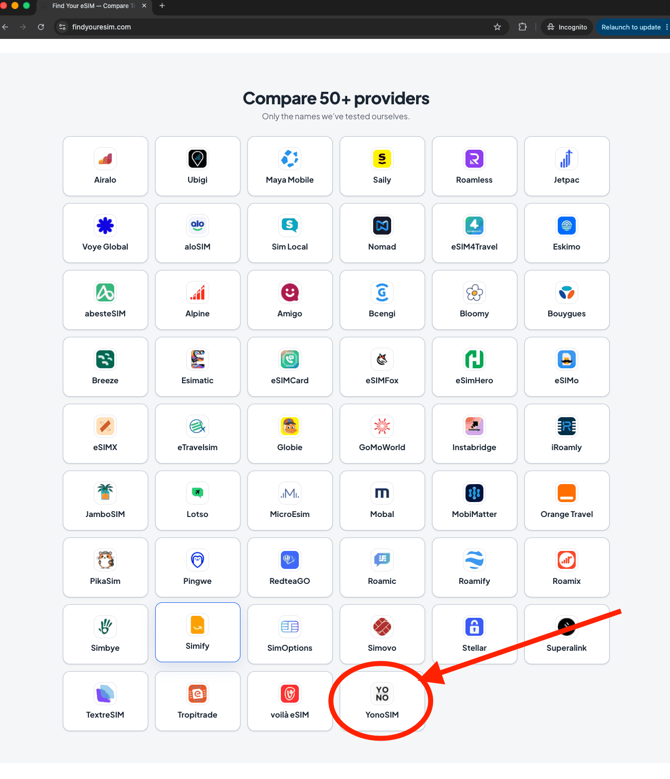 The Find Your eSIM provider grid, with YonoSIM circled among other listed eSIM providers