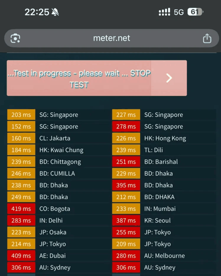 Latency test showing lowest ping to Singapore servers and higher ping to Seoul