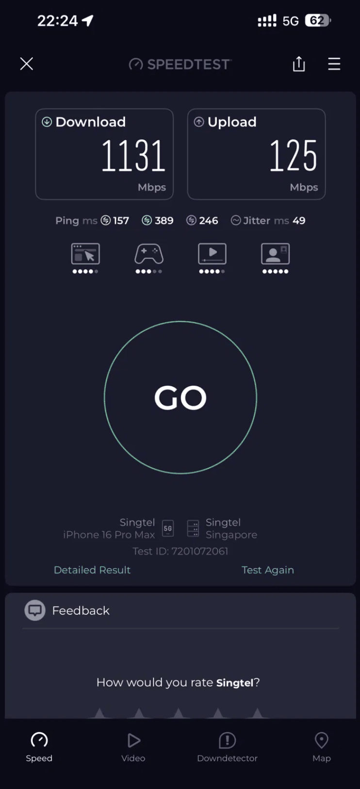 Speedtest result on a YonoSIM eSIM: 1131 Mbps download, 125 Mbps upload, 5G